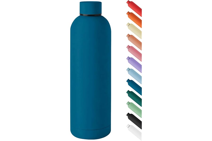 Large Thermal Water Bottle, 1 Litre, Stainless Steel Double Layer Bottle, 1000 ml, Non-Drip Cap, Double Chamber, Hot Cold Drinks Thermos Vacuum System, Soft Touch Coating – Blue