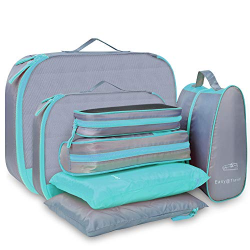 Packing Cubes for Travel - Luxsure 7 Packs Waterproof Travel Storage Bag Including Packing Cubes & Underwear Pouches & Shoes Bag & Mesh Bag & Toiletry Bag for Well Organized (Green-Grey)