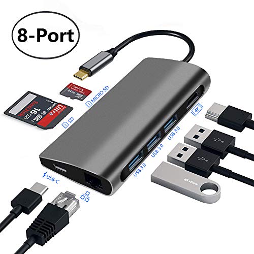 PHILWIN USB C Hub, Adaptador USB C de Aluminio Ultra Delgado con 3 Puertos USB 3.0, Puerto Gigabit Ethernet, HDMI 4K, Lector de Tarjetas SD/TF, Compatible con Dispositivos USB C
