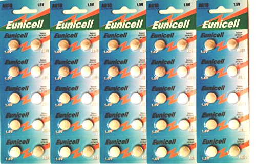 Eunicell Lot de 50 piles boutons alcalines AG10/SR1130/SR54/SR1131/389/390 1,5V