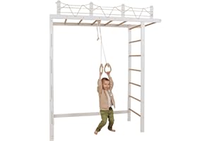 Wood And Hearts Drinnen Schwedische Leiter, Klettergerüst Indoor, Indoor Kletterwand Kinder, Turngeräte in Weiß und natürliche Holzfarbe mit Paar Gymnastikringe