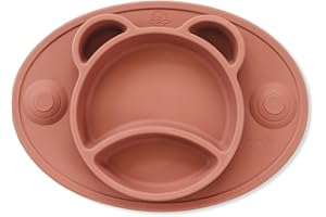 Bubba Bear® Baby Toddler Suction Placemat Plate Set | Stay Put Feeding Mat Plates for with Divider Sections for Weaning Babies | Non Slip Silicone Tray Cup Placemats for Kids | Easy for Travel (Clay)
