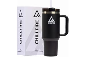 CHILLFIRE 40oz Tumbler with Straw and Lid | Stainless Steel Travel Mug with Handle | Double-Wall Insulated Cup | Keeps Drinks Cold for 48 Hours | 100% Leakproof Design | Ideal for Travel, Gym & Office