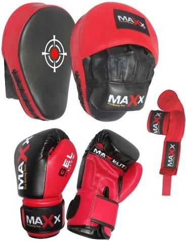 blk/red Curved Focus pads, Hook & Jab Pads with Gloves & FREE Hand wraps