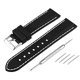 BEWISH 24mm Silikon Uhrenarmband Gummi Weiße Linie Ersatzband Edelstahl Metall Faltschließe Wechselarmband Uhr Armband Wrist Strap Watch Band