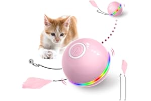LUCKY SUE Interaktywna zabawka dla kota piłka ze światłem LED i kocimiętką, zabawka z piórami dzwonka, obracanie się, inteligentne zabawki dla zwierząt domowych, automatyczne obracanie, inteligentna zabawka dla