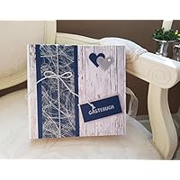 Gästebuch SHABBY HOLZ BLAU-SILBER Hochzeit PERSONALISIERT Hardcover 20,5x20,5cm