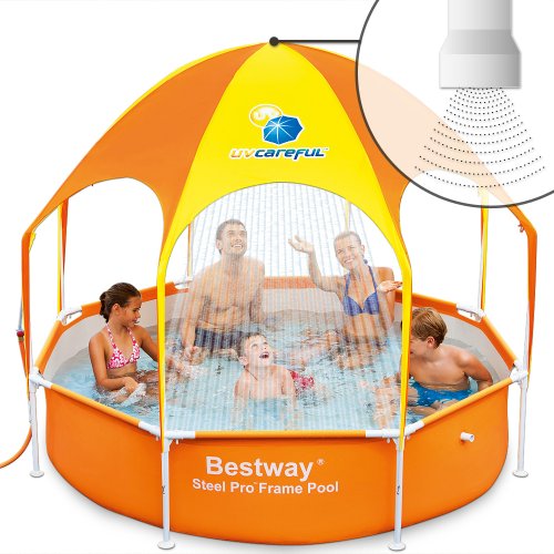 Bestway 56193 Stahlrahmenbecken 244 x 51 cm "Splash-in-Shade" UPF 40+ Sonnendach mit Sprinkler