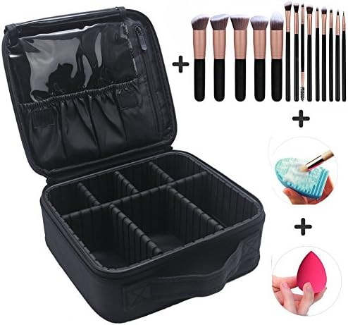 MLMSY Travel Cosmetic Bag Makeup Train Case Black with 14 Pcs Premium Makeup Brushes Set Kit Rose Golden, Blender Sponge and Brush Egg