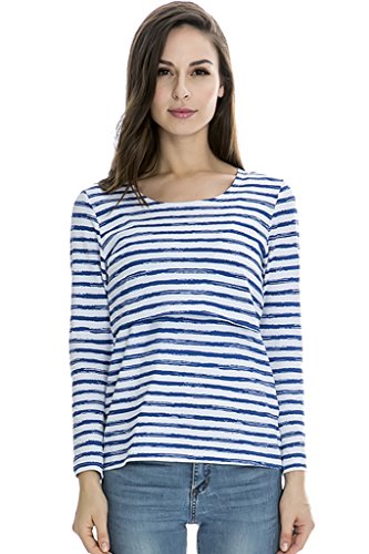 Bearsland Women's Striped Breastfeeding and Nursing Top - UK size 10-12 - bule/white