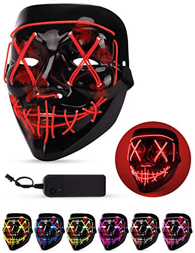 Maschera LED Halloween, the Purge Mask LED che si Illumina nella Notte, LED Maschera Viso 3 Modalità di Luci, Maschera da La Notte Del Giudizio per Costume Cosplay Festa e Party di Carnevale - Rosso