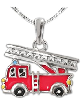 CLEVER SCHMUCK-SET Silberner Anhänger kleine Feuerwehr rot schwarz gelb lackiert mit Kette Panzer 40 cm STERLING...
