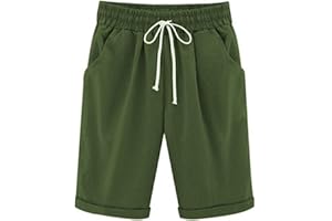 OGLCCG Womens Half Pants Plus Size Knee Length Cotton Linen Shorts with Pockets Summer Solid Beach Vacation Shorts Ladies Straight Leg Trousers Drawstring Elastic Waist Bermuda Shorts Casual Work Shorts