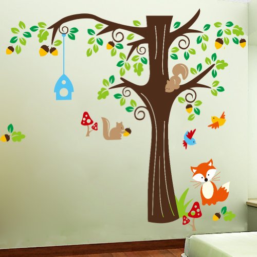 XXL Jungle Waldtier mit Fuchs, Vögel und Eichhörnchen spielen auf bunten Baum Wandtattoo Wandaufkleber für Kinder Kindergarten - 4