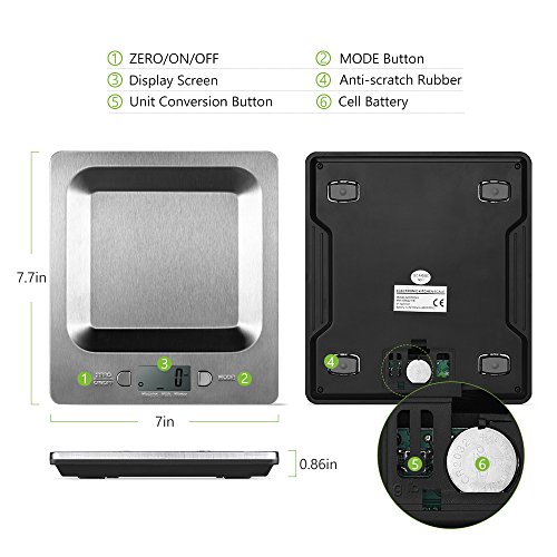 Topop Küchenwaage mit 11lb 5kg Gewicht Kapazität Electronische Edelstahl Kitchen Scales Digitalwaage Nahrungsmittelskala mit 4 Maßeinheiten - 5