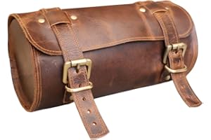 AMERICAN BLUE Sac de moto vintage en cuir de chèvre véritable, fermeture à 2 sangles à boucle, outil marron, libération rapide, renforcé pour guidon, fourches, vélo en cuir
