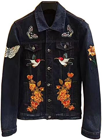 ECTIC New Men 100% Cotton Embroidered tiger Denim Jacket Casual Coats TB (Blue, M)