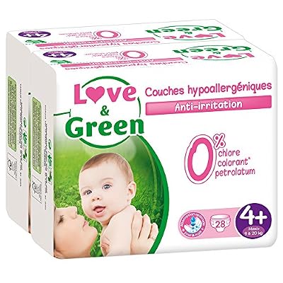 Love & Green - Couches Bébé Hypoallergéniques 0% - Taille 4+ (9-20 kg) - Lot de 2 x 28 couches (56 couches)