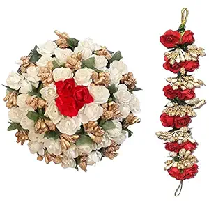 GuruEmbellish Full Juda Bun Hair Flower Gajra and Red & White gajra Combo for Wedding and Party For Women & Girls