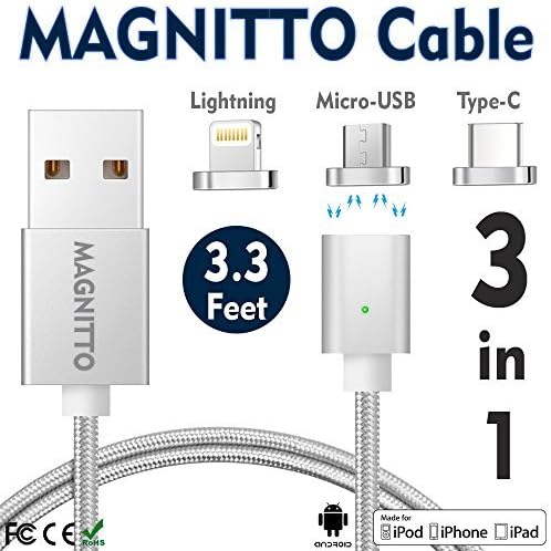MAGNITTO 3 in 1 Magnetic Charging Cable Type C Micro USB Lightning 8 pin Data Sync Cord 3 Adapters for any Android Devices iPhone 7 6 6s 5 Nylon Braided Fast Charger Samsung Galaxy S7 S8 LG G5 G6 Gen2