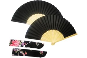 WOO LANDO Generisch 2 wachlarze ręczne z etui, wachlarze papierowe i bambusowe z rzeźbieniami, do ochłodzenia latem, na wesela i karnawał
