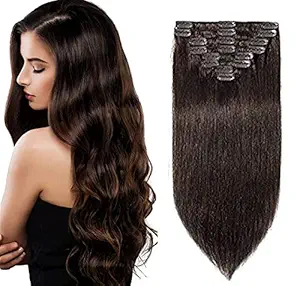 Fully 8 Pcs Human Hair Extensions Straight Extension to add Instant Volume and Thickness for Party/Regular Use for Women and Girls Pack of 1 (16 Inch, Dark Brown)