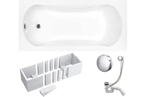 VBChome Badewanne 160x70 cm Acryl SET Wannenträger Siphon Wanne Rechteck Weiß Design Modern Styroporträger Ablaufgarnitur in Chrom Viega Simplex (160x70 cm)