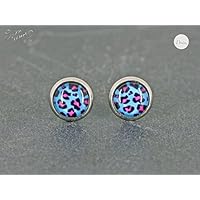 Ohrstecker Edelstahl Cabochon Leo Muster türkis pink Leopard 8 mm