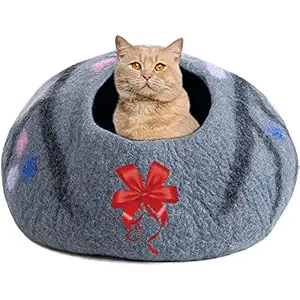 Juccini Handcrafted Felted Wool Cat Cave Bed for Cat and Kittens - Felted from 100% Natural Wool (Grey/Purple Dots, Medium)