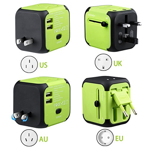 Universal Reiseadapter USB Ladegerät Ladeadapter für US UK AU EU multinationaler ladestecker universal Netzteil mit Dual USB und Schmelzsicherung (Grün)