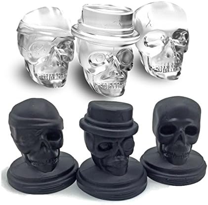 BeFound 3 Different 3D Giant Skulls Ice Cube Maker Resuable Flexible BPA Free Silicone Ice Cube Tray with Lid for Cola Wine Whisky Cocktail Drinking