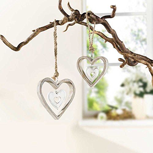 SIDCO ® 2er Dekohänger Herz Fensterhänger Fensterdeko Herzen weiß Holz Hänger Deko - 3
