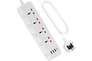 Jasni 3M/9.84FT Extension Lead 4 AC Way With Fast Charger 3 USB+1 Type-C Slots,13Amp UK Plug Power,Protected Extension Cord with Individual Switches,Power Strip for Home Office(White)