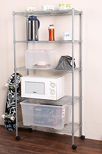 Homdox Metallregal Rollregal Schraubregal Standregal Kücheregal aus Verchromten Metall Stahl 5 Regalböden mit 4 Rädern 74x34x155cm Silber - 7