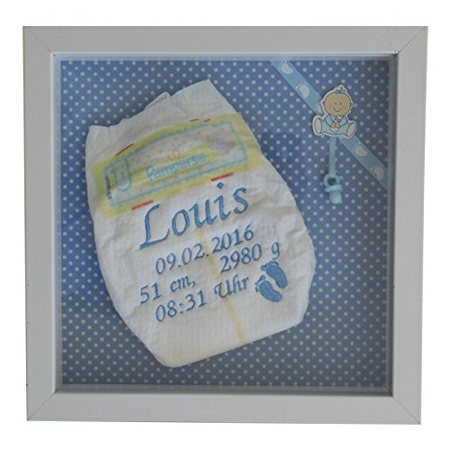 Bestickte Pampers Windel im 3-D Rahmen, Windelbild, Geschenk Taufe oder Geburt