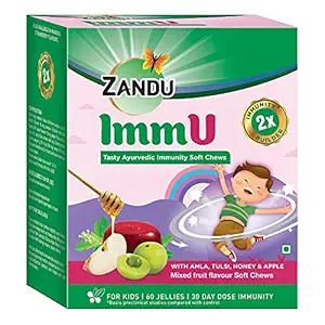 Zandu ImmU Tasty Ayurvedic Soft Chews For Kids | Immunity Booster For Children | Rich In Goodness Of Amla, Tulsi, Apple And Honey | Mix Fruit Flavour (60 Jellies)