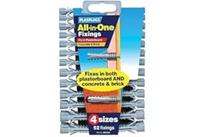 PLASPLUGS All in One Multi Purpose Multi Fix Use Assorted Size Wall Plugs Heavy Duty Raw Rawl Plug Fixings Brick Stone Cement Concrete Hollow Cavity Partition Partitioning Drywall Professional Hanging Clamps Screw Fixing in Different Sizes Pack of 52
