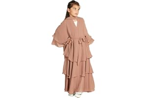 OBEEII Muslim Cardigan for Girls Solid Color Prayer Dress Islamic Dubai Abaya Clothing Kids Casual Ramadan Party Long Sleeve Cardigan Muslim Robe with Hijab