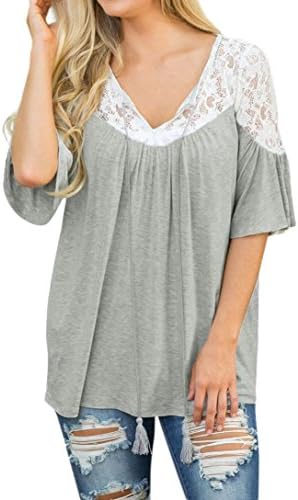 Toamen New Women's Spring Summer Short Sleeve Tops, Women Sexy Lace Round Neck Tie Short Sleeve Tops Blouse T Shirt Tee (Gray, Size XL/Bust 45.6")