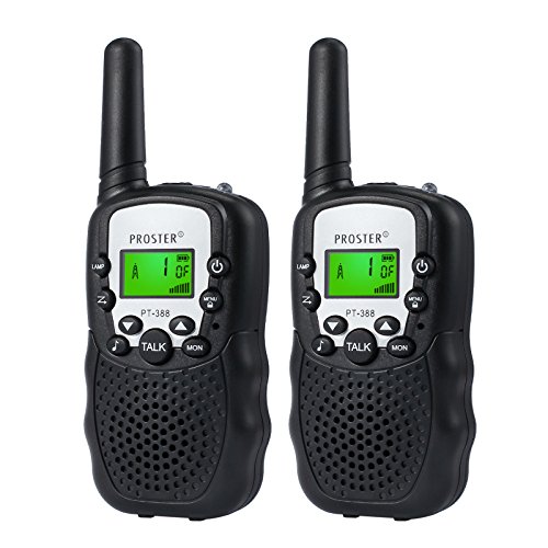 Proster Walkie Talkie Niños, Walkies Infantil PMR 446 MHz 8 Canales Walky Talky 3 km Alcance Pantalla LCD y Linterna Woki Toki Niños Campo Barrio Parque Montaña Excursión (Negro)