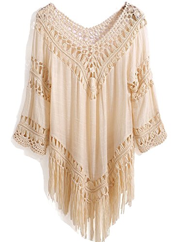 Little-Peach Femmes Sexy Bohême Bikini Blouse Femme Robe été Robe bikini Taille unique Beige