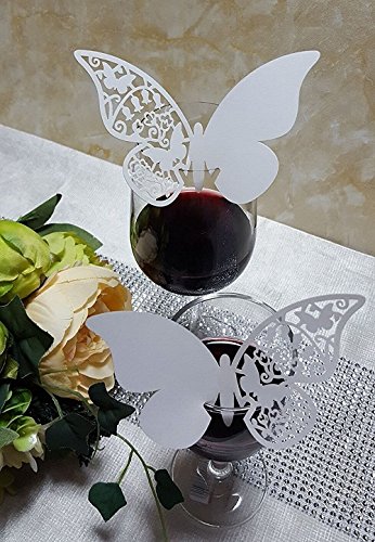 DIKETE® Hochwertig 50 Stück Schimmer Weiß Schmetterling Glas Platzkarten Hochzeit Geburtstage Taufe Party Tischkarten Namenskarten Glasanhänger für Weinglas Cup Deko Hochzeitsfeier Champagnerglas Deko Geschenkaufkleber Geschenkanhänger Geschenk Umbauten Aufkleber - 6