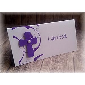 Tischkarte Namenskarte Kommunion Konfirmation Firmung Taufe Kreuz lila violett