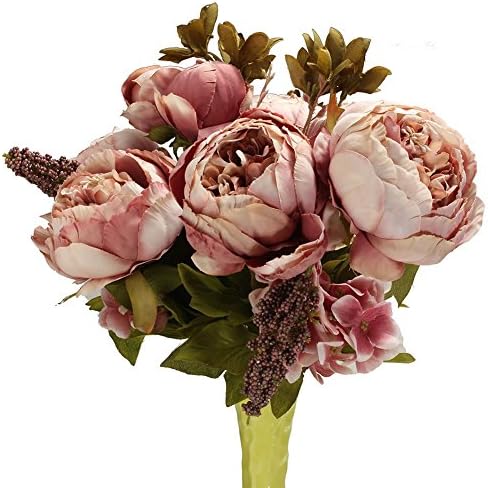Uminilife Vivid Silk Flowers Bouquet Artificial Peony with Fake Leaf Wedding Home Party Decoration one bouquet (Pale Mauve)