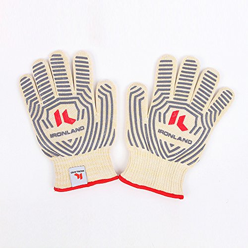 ironland Set von 2 Premium Küche Ofen Sicherheit Pad – 932 °F Extreme hitzebeständig EN407 zertifiziert, flexible BBQ Handschuhe, Innenfutter 100% Baumwolle für Super Komfort, rot Streifen für ultimativen Grip, vielseitig als Pad & Küchenhandschuh, perfekt für Kochen/Backen/Grillen/Smoker/Kamin/Camping und mehr - 2