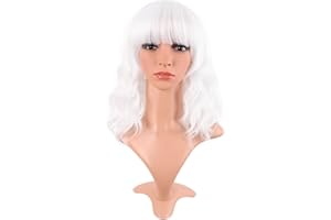 MapofBeauty 14 pulgadas/35 cm corto ondulado rizado mujeres frescas brillantes sintéticas ordinarias flequillo plano Bob peluca (blanco)