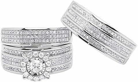 Silvernshine Jewels 1.20Ct Sim Diamond Men's &amp; Women's Wedding Trio Ring St In 14K White Gold Finish