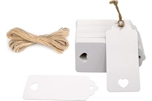 FAMIDIQGO 100 etichette bianche da appendere, corda di iuta da 20 m, carta con cuore, regalo di nozze, Natale