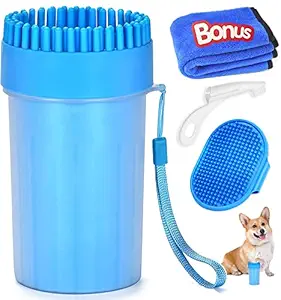 4 Pcs Portable Dog Paw Washer Cleaner Set, 2 in 1 Silicone Dog Cleaning Brush Large Dog Feet Cleaner Cup with Premium Towel, Finger Toothbrush and Pet Grooming Bath Brush for Dogs & Cats (M)