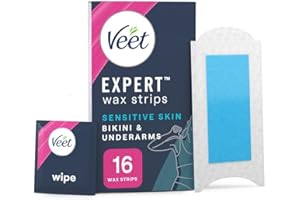 Veet Cold Wax Strips Sensitive Skin, 16 Count + 3 Wipes, Brazilian & Bikini Hair Removal, Underarm Waxing with Almond Oil, Expert Formula Men, Smooth Finish